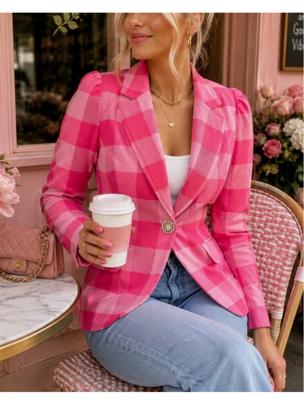 Autres Filles Pink Buffalo Plaid Blazer M Puff Sleeve Jeweled Button Barbiecore
